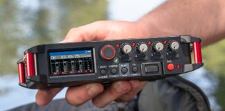 Grabador de campo TASCAM FR-AV4 de 4 canales con grabación en 32-Bit coma flotante, ideal para producciones audiovisuales en exteriores