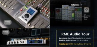 Cartel promocional del RME Audio Tour en España con las interfaces de audio RME y el software TotalMix FX. Fechas en Barcelona y Madrid con sorteo de la Babyface Pro FS.