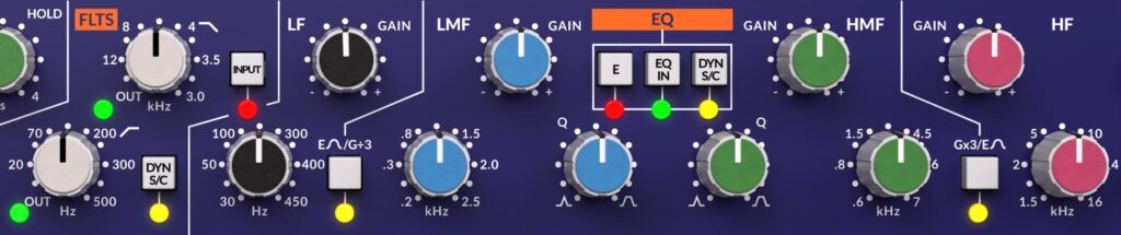 Ecualizador del canal SSL SUPER 9000 con circuitos Pink Knob y Black Knob, controles de ganancia, frecuencia y filtros paso alto y paso bajo.