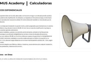 Captura de la plataforma Optimus Academy con una calculadora de altavoces exponenciales y ejemplo de instalación de megafonía.