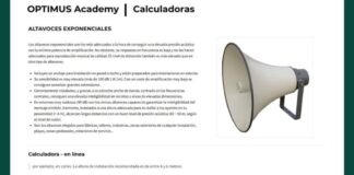 Captura de la plataforma Optimus Academy con una calculadora de altavoces exponenciales y ejemplo de instalación de megafonía.