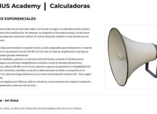 Captura de la plataforma Optimus Academy con una calculadora de altavoces exponenciales y ejemplo de instalación de megafonía.