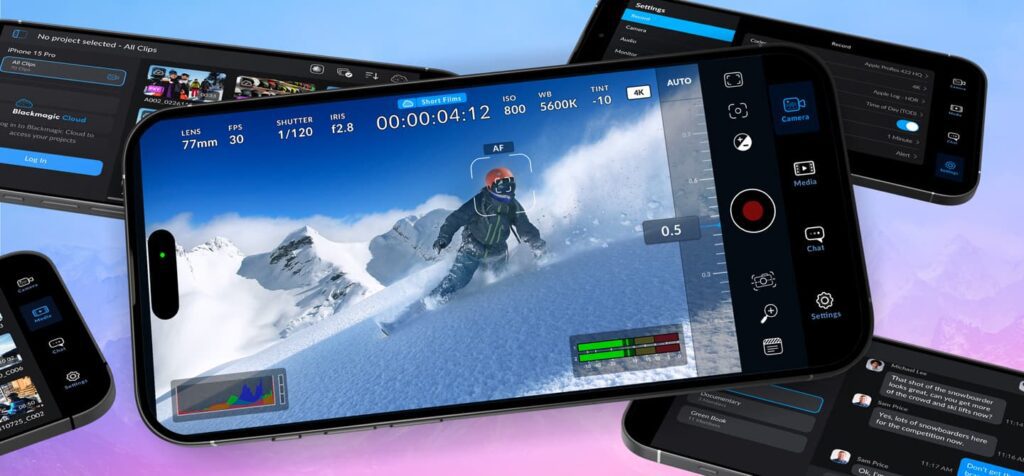Pantallas de la aplicación Blackmagic Camera para Android 3.1 mostrando herramientas de grabación, control y conexión con Blackmagic Cloud.