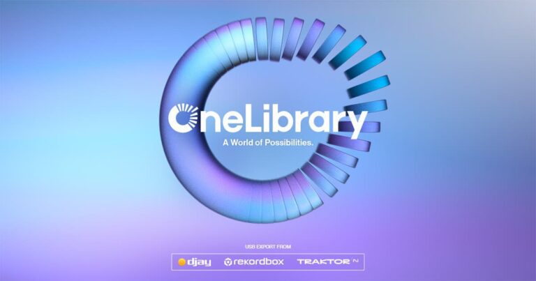 Logotipo oficial de OneLibrary, la nueva biblioteca DJ universal desarrollada por AlphaTheta, Native Instruments y Algoriddim, compatible con djay Pro, rekordbox y Traktor.