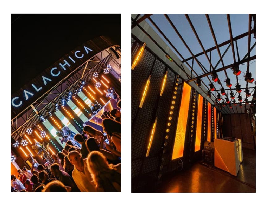 Cabina de DJ en Calachica Cádiz con iluminación automatizada controlada por Visual Productions y CueCore3.