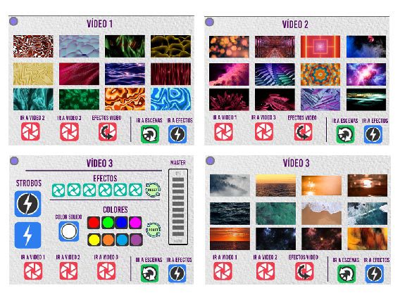 Interfaz táctil personalizada de Visual Productions en Calachica Cádiz, mostrando la selección de vídeos, efectos, estrobos y colores integrados con CueCore3 y Resolume para control AV autónomo.