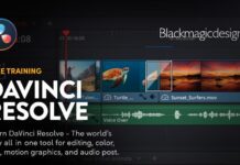 Banner promocional de la formación gratuita en DaVinci Resolve, con interfaz del software en pantalla y el logo de Blackmagic Design.