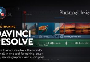 Banner promocional de la formación gratuita en DaVinci Resolve, con interfaz del software en pantalla y el logo de Blackmagic Design.