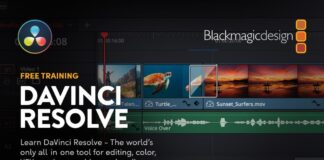 Banner promocional de la formación gratuita en DaVinci Resolve, con interfaz del software en pantalla y el logo de Blackmagic Design.
