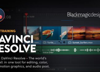 Formación gratuita en DaVinci Resolve: cursos online, webinars y Black Friday con grandes descuentos Banner promocional de la formación gratuita en DaVinci Resolve, con interfaz del software en pantalla y el logo de Blackmagic Design.