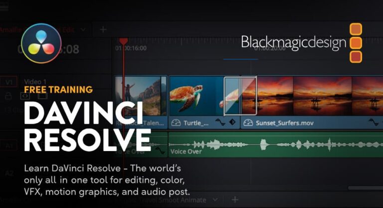 Banner promocional de la formación gratuita en DaVinci Resolve, con interfaz del software en pantalla y el logo de Blackmagic Design.