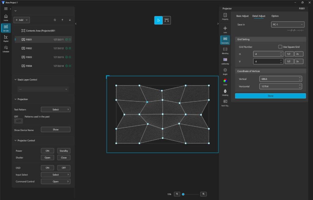 Interfaz de Panasonic Visual Software Suite con herramientas de corrección geométrica y warping para proyección multipantalla