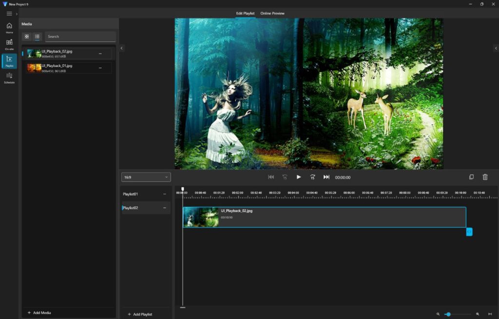 Interfaz de Panasonic Visual Software Suite mostrando edición de playlists y gestión de contenidos audiovisuales