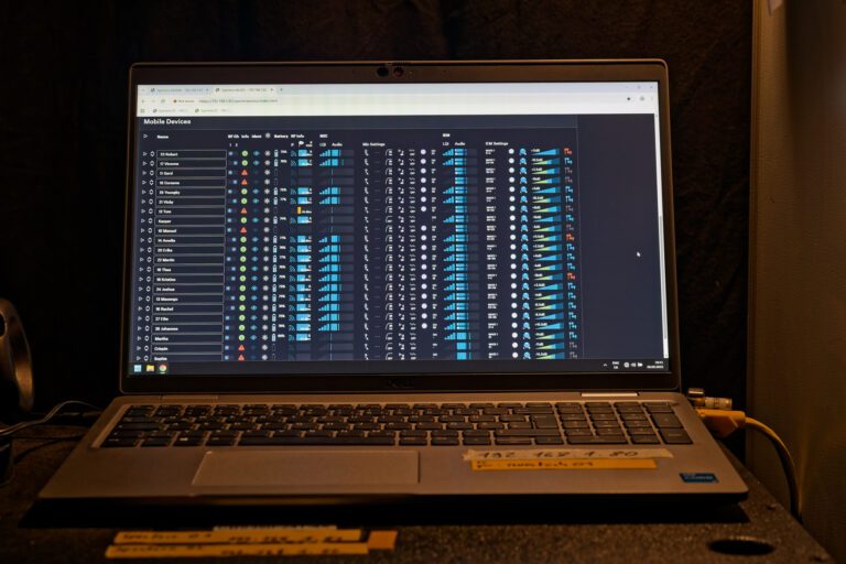 Interfaz de control del sistema Sennheiser Spectera en Jesucristo Superstar, mostrando la gestión centralizada RF y la monitorización inalámbrica en tiempo real.