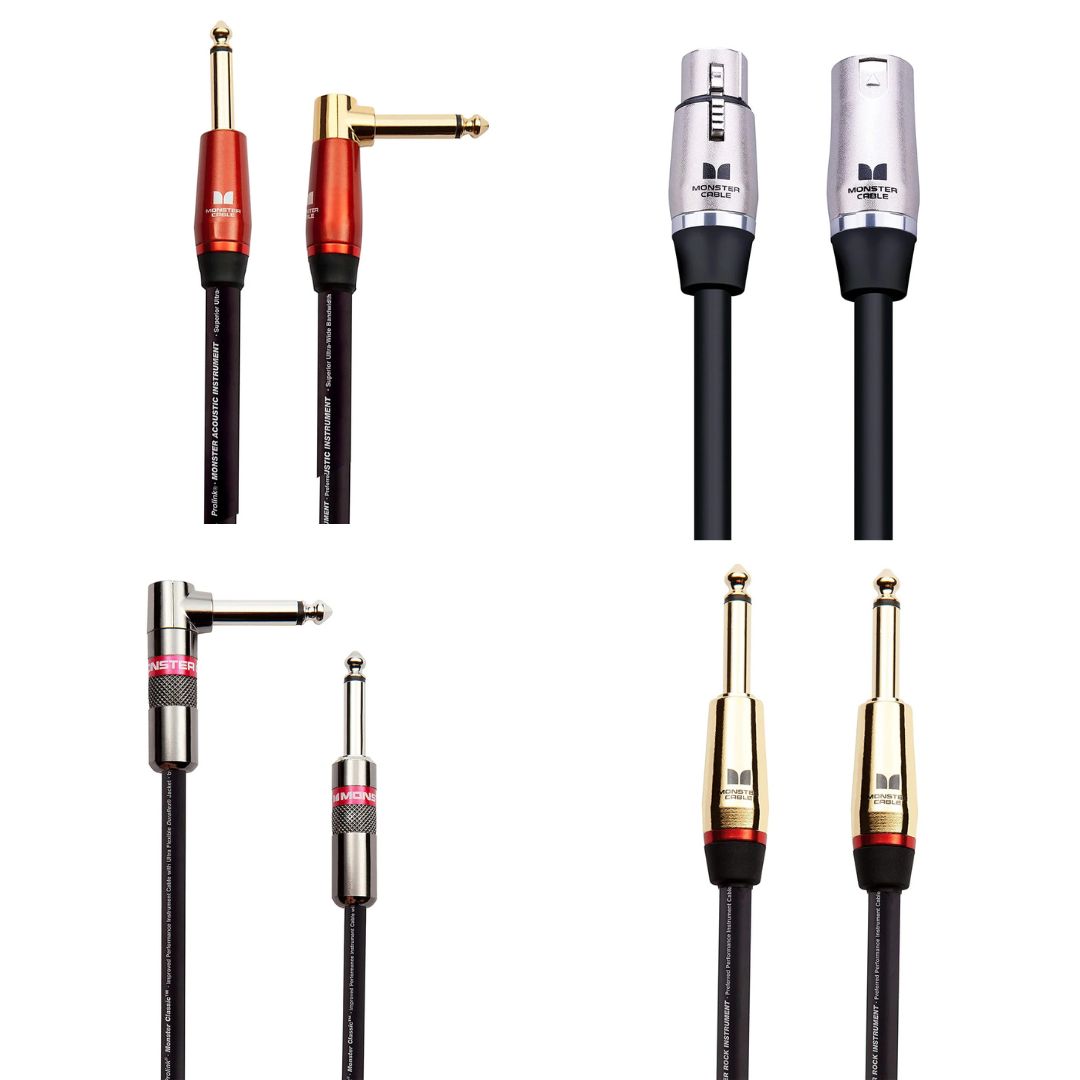 Cables de audio Monster con conectores jack de 6,35 mm rectos y acodados, y conectores XLR, con acabados metálicos en rojo, dorado y plateado para uso profesional en instrumentos y equipos de sonido.