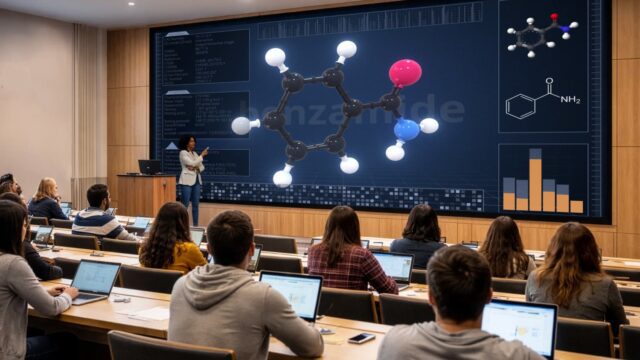 Pantallas dvLED CoB de Sharp en aula universitaria con videowall LED de gran formato para visualización educativa