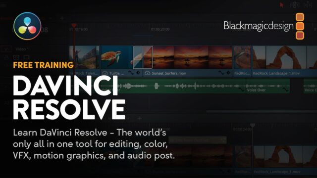 Promoción de formación gratuita de DaVinci Resolve de Blackmagic Design con interfaz de edición, color, VFX y audio post