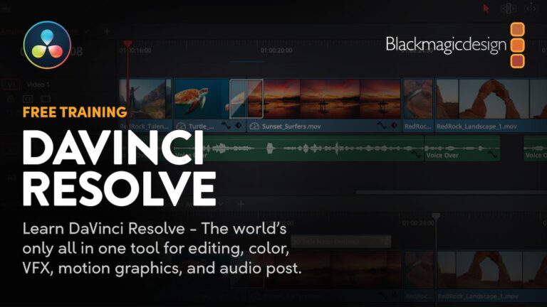Promoción de formación gratuita de DaVinci Resolve de Blackmagic Design con interfaz de edición, color, VFX y audio post