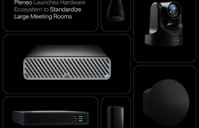 Ecosistema de hardware de Pleneo para estandarizar salas de reuniones grandes con cámaras, audio y control Room OS.