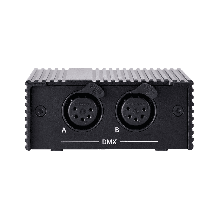 parte trasera de grandMA3 onPC DMX-key starter con 2 salidas DMX para control de iluminación