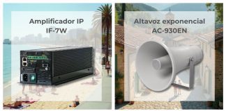 Amplificador IP IF-7W y altavoz exponencial AC-930EN de OPTIMUS, soluciones de megafonía para exteriores y sistemas de alarma por voz en espacios abiertos, conforme a normativa EN 54.