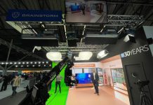 Imagen de un set de producción virtual de Brainstorm y Alfalite en CABSAT 2025, mostrando un escenario inmersivo con tecnología de pantallas LED avanzadas y gráficos 3D en tiempo real.