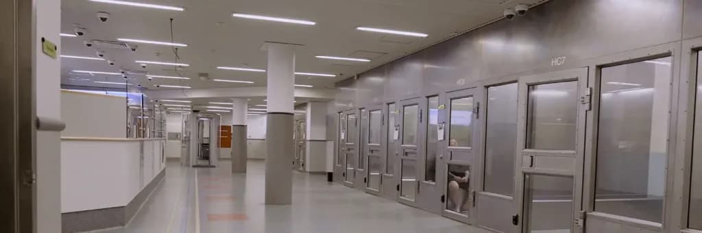 Vista interior de una zona de custodia en la estación de policía de Perth, con cámaras de seguridad y sistema de vigilancia integrado.