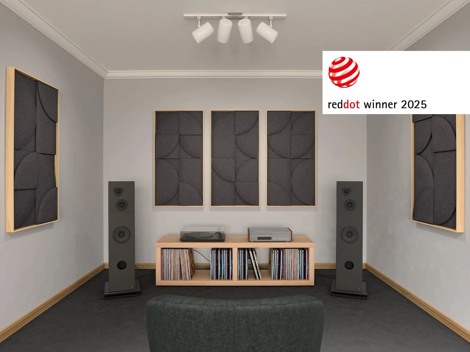 Detalle del panel acústico VicShape 3D gris, ganador del Red Dot Award 2025.