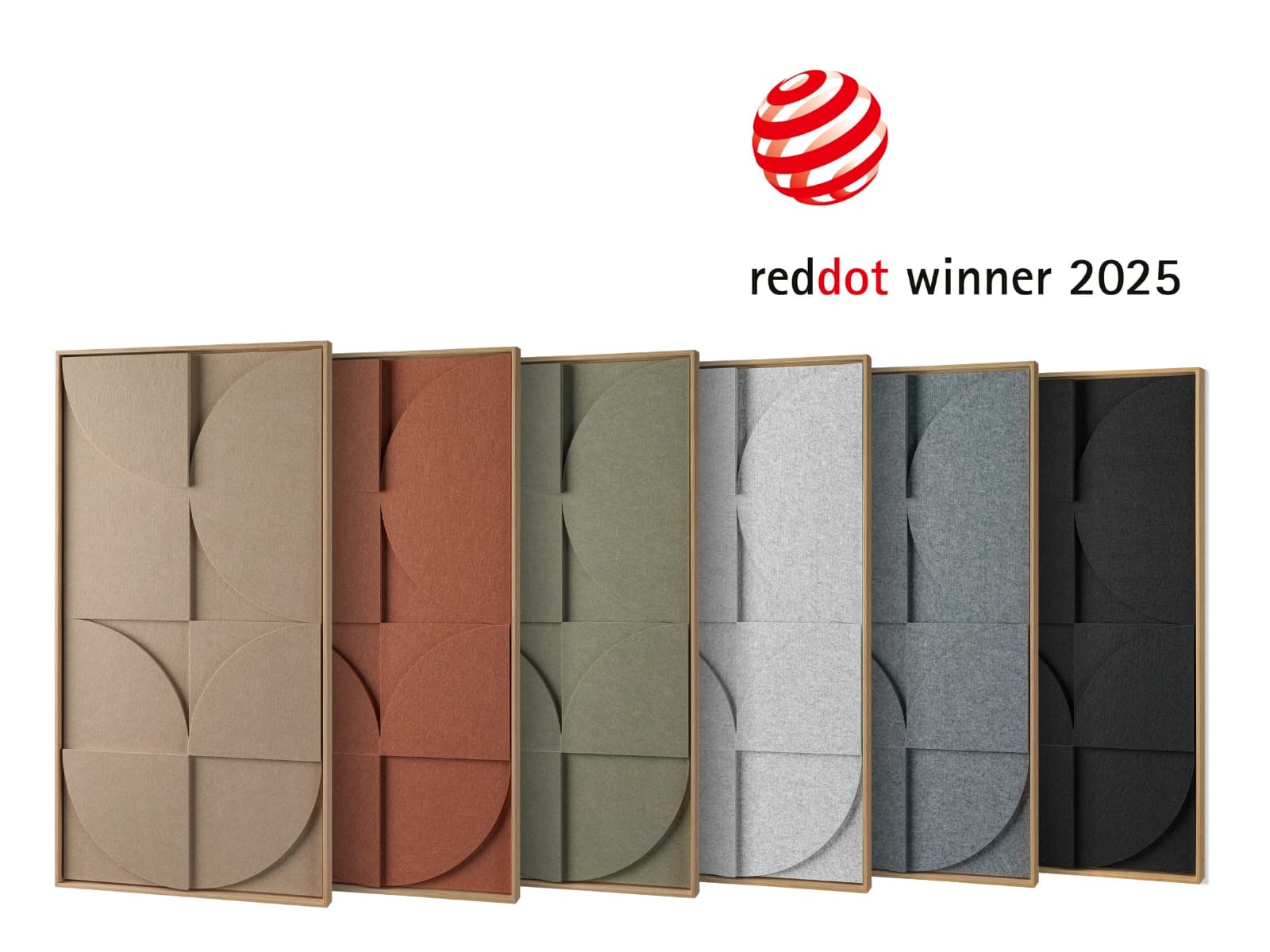 Paneles acústicos VicShape 3D de Vicoustic en seis colores diferentes, con marco de madera y diseño escultural 3D, ganadores del Red Dot Product Design Award 2025.