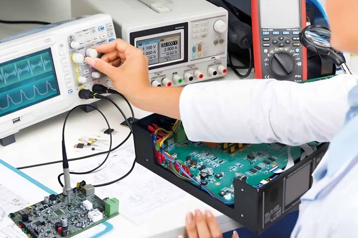 Técnico de UDE trabajando en el desarrollo y testeo de sistemas de megafonía, evacuación por voz y audio industrial, integrados ahora en la oferta de SeeSound y UDE para el mercado audiovisual profesional.