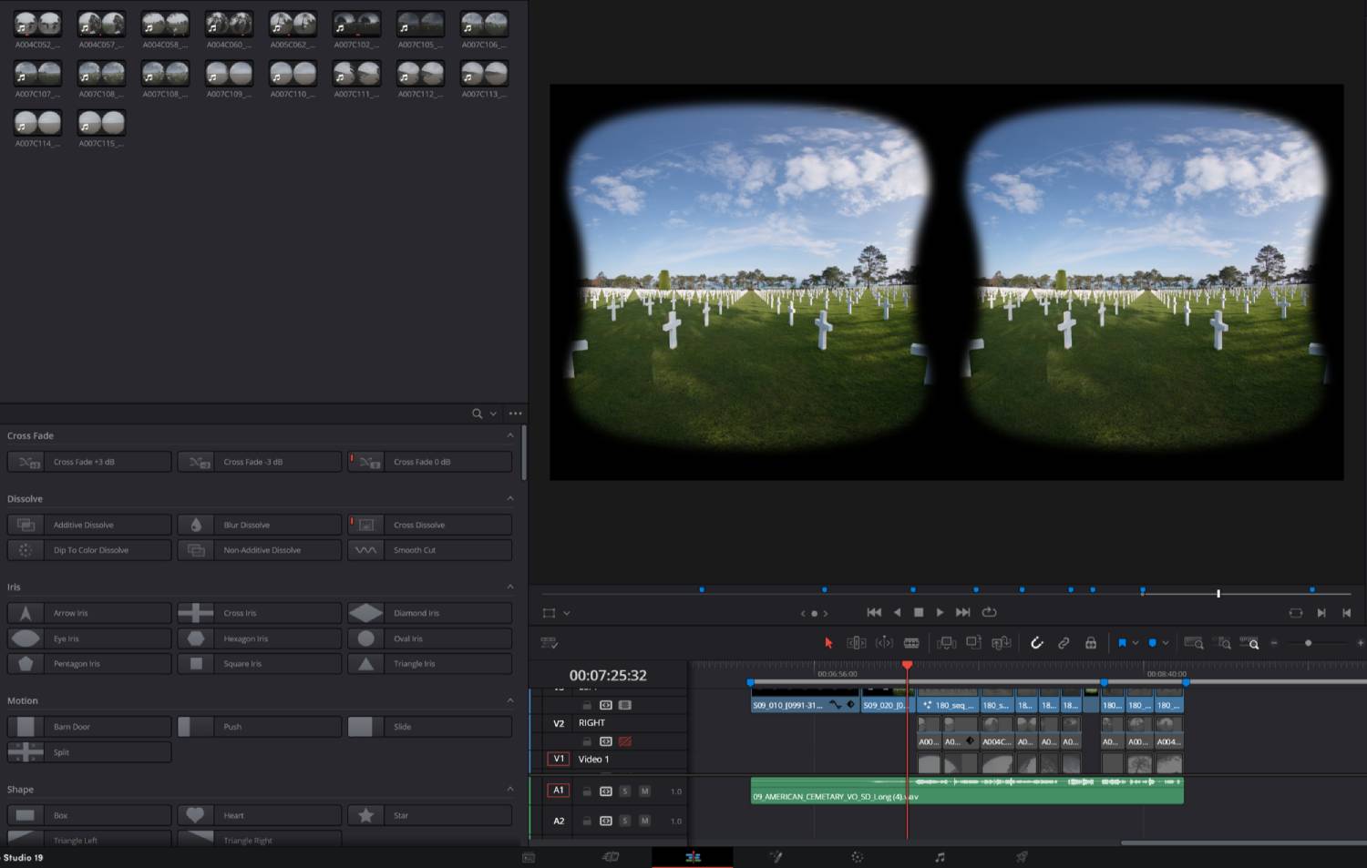 Interfaz de DaVinci Resolve Studio mostrando el proceso de edición estereoscópica en 3D del documental “D-Day: The Camera Soldier”.