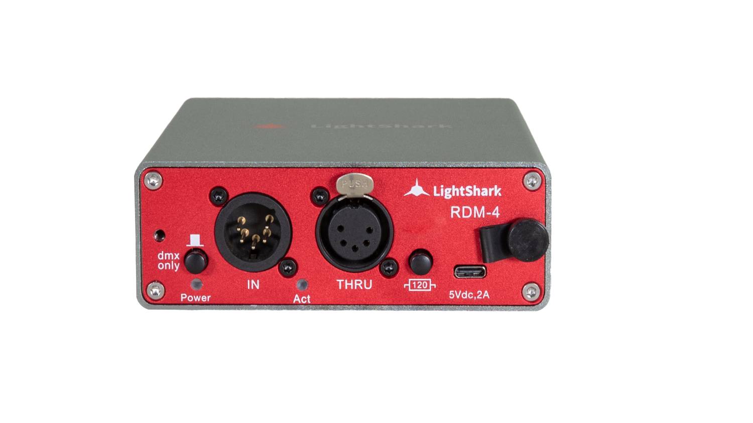 Panel frontal del splitter LightShark RDM4 con conectores DMX IN y THRU, terminador activable y puerto USB-C de alimentación, presentado en infocomm 2025.