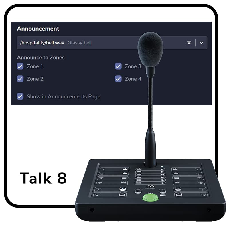 Estación de avisos Talk 8 de Optimal Audio con interfaz de WebApp 1.5 mostrando un archivo de audio configurado para múltiples zonas.