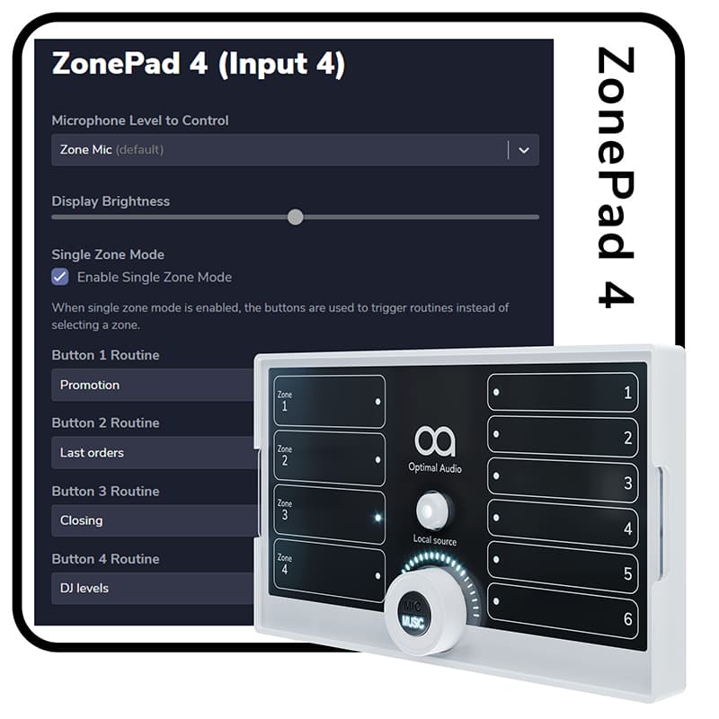 Controlador ZonePad 4 configurado desde WebApp 1.5, con rutinas personalizadas por botón y modo de zona única activado.