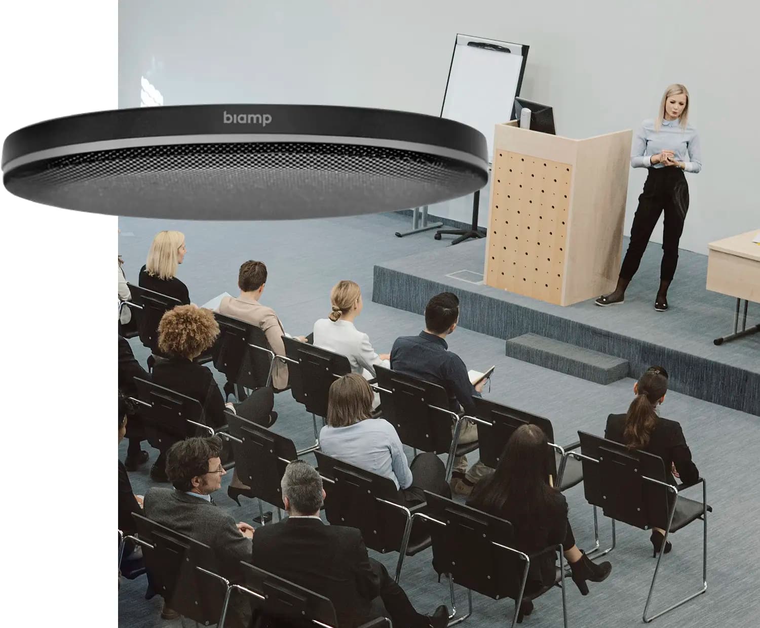 Micrófono Parlé Presenter Lift – Novedades de Biamp en InfoComm 2025 para audio profesional en auditorios