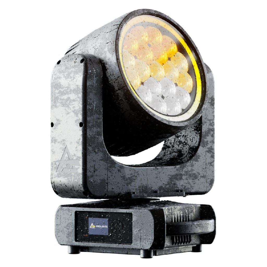 Proyector móvil LED Astra Wash19PixIP de Prolights, con certificación IP65, ideal para espectáculos exteriores gracias a su diseño sellado y ópticas RGBW.