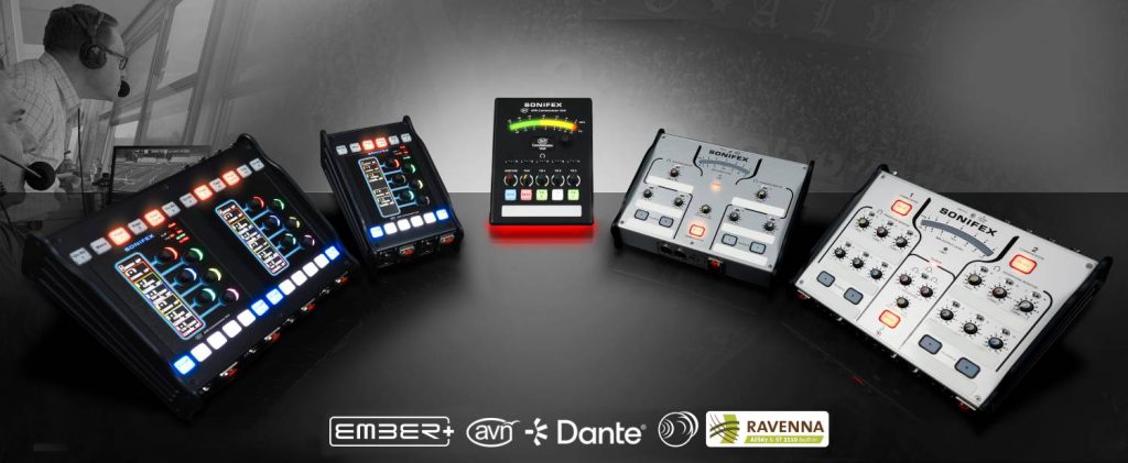Unidades de comentarista AVN-CU2-RAV y AVN-CU4-RAV de Sonifex, compatibles con RAVENNA/AES67, diseñadas para flujos de trabajo broadcast con mezcla avanzada.
