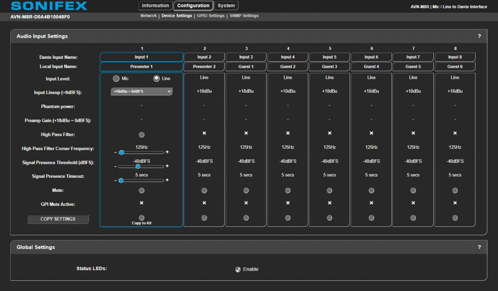 Interfaz web de configuración del AVN-M8R de Sonifex mostrando parámetros de entrada, ganancia, filtro de paso alto y control de presencia de señal en red Dante.