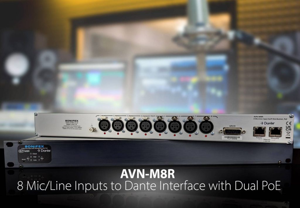 Vista frontal y trasera de la interfaz AVN-M8R de Sonifex con 8 entradas Mic/Línea, conectividad Dante y alimentación dual PoE para integración AoIP profesional.
