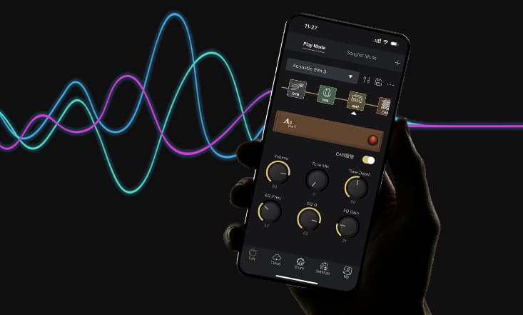 Aplicación Pulze Editor en smartphone, utilizada para controlar el Pulze Mini y personalizar efectos y cadenas de señal inalámbricamente.