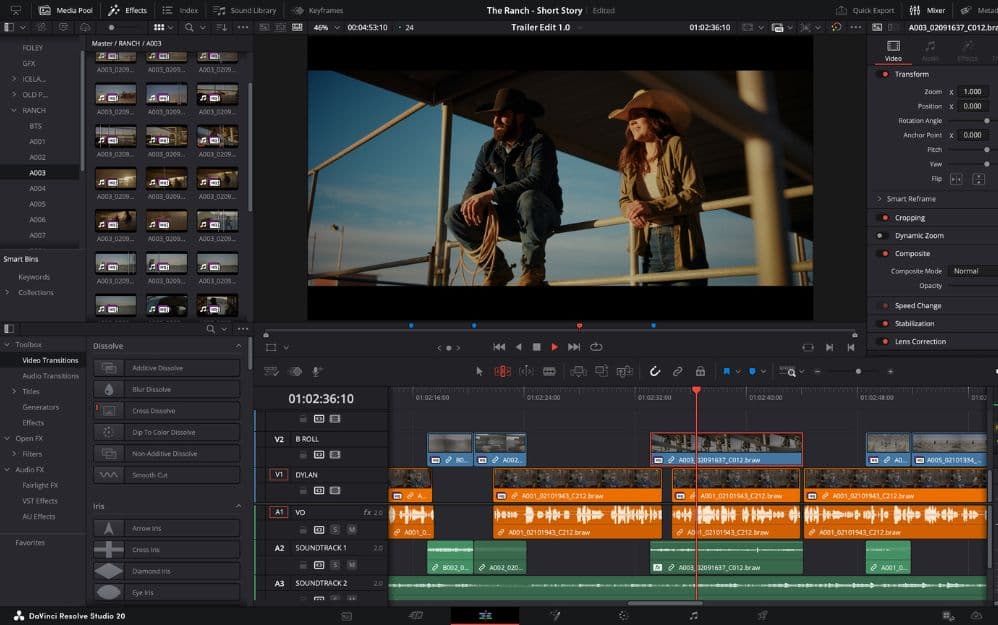 Interfaz de DaVinci Resolve 20.2 editando video con compatibilidad con Apple ProRes RAW.