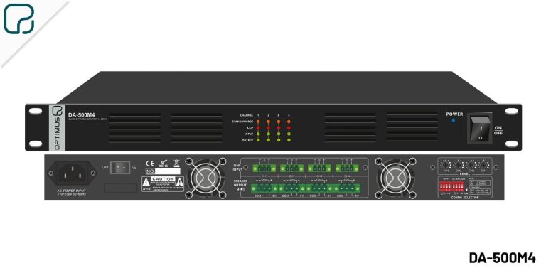Etapas de potencia DA-500M4 de OPTIMUS con formato compacto 1U y 4x500W RMS para instalación fija y megafonía profesional