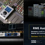 Cartel promocional del RME Audio Tour en España con las interfaces de audio RME y el software TotalMix FX. Fechas en Barcelona y Madrid con sorteo de la Babyface Pro FS.
