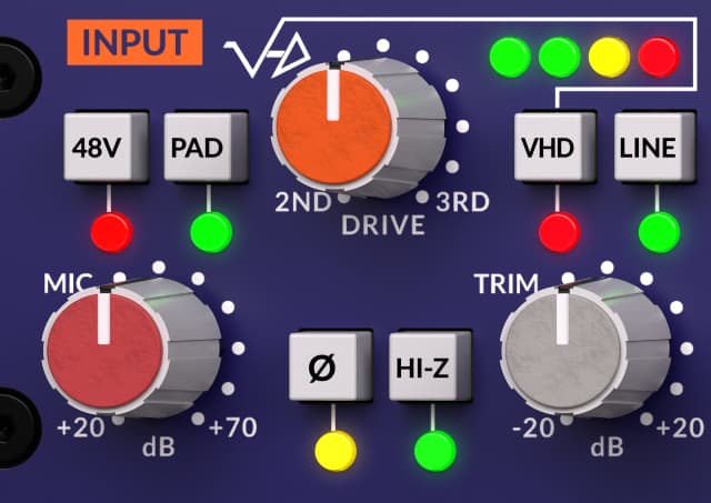 Controles de entrada del canal de mezcla SSL SUPER 9000, con preamplificador dual SuperAnalogue™ y VHD™, indicadores LED y ajustes de ganancia de micrófono y línea.