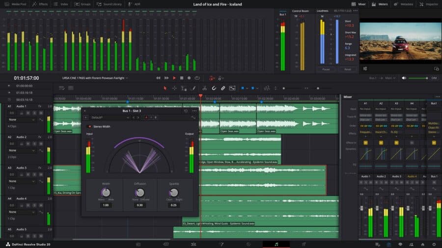 Interfaz de Fairlight en DaVinci Resolve 20.2.2 mostrando la nueva reproducción fluida y sincronización precisa de audio — actualización DaVinci Resolve 20.2.2