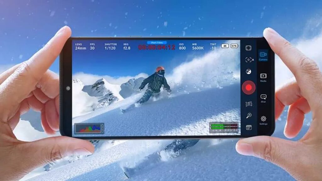 Interfaz de la app Blackmagic Camera para Android 3.1 grabando a un esquiador en la nieve con controles profesionales en pantalla.