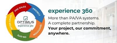 Diagrama del programa Experience 360 de OPTIMUS que muestra el ciclo completo de servicio: preventa, proyecto, instalación y soporte técnico.