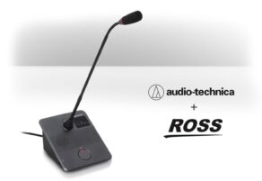 Micrófono del sistema de conferencias Audio-Technica ATUC-50 junto al logotipo de Ross Video, destacando su integración con el software Quorum