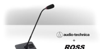 Micrófono del sistema de conferencias Audio-Technica ATUC-50 junto al logotipo de Ross Video, destacando su integración con el software Quorum