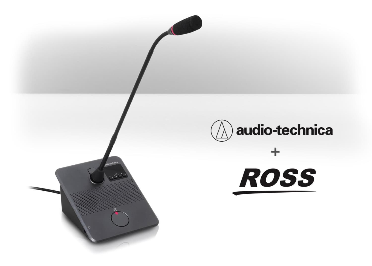 Micrófono del sistema de conferencias Audio-Technica ATUC-50 junto al logotipo de Ross Video, destacando su integración con el software Quorum